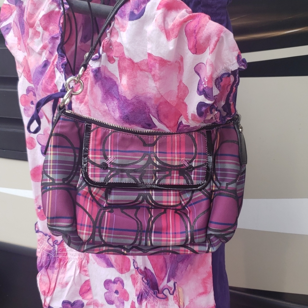 Coach poppy purse handbag. Pink purple plaid